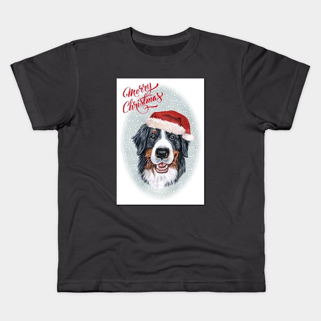 Bernese Mountain Dog Merry Christmas Santa Dog Kids T-Shirt by Puppy Eyes